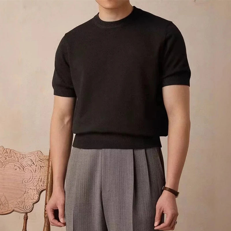 Threebooy  New Korean Fashion Men T-shirt Light Luxury Knitted Breathable O Neck Tees Casual Slim-fit Solid Color Short Sleeve Basic Tops