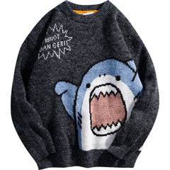 Threebooy Shark Sweater Men Winter Cartoon Harajuku Korean Y2k Oversized Turtleneck Hip Hop Loose Knit Jumper Pullover High Collar Sweater