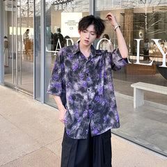 Threebooy Summer Floral Printing Short Sleeve Shirts Men Fashion Casual Loose Shirt Korean Street Style Ice Silk Cool Blouse Mens Shirt