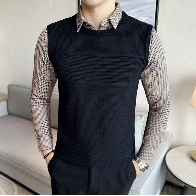 Threebooy Autumn and Winter Pullover Men's Shirt Collar Fake Two-piece Stripe Sweater Slim Fit Casual Knitted Sweater Jacket Coats