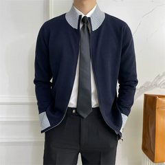 Threebooy British Style Slim-fit Sweater with Stand-up Collar American Casual Color-blocked Zipper Cardigan Woolen Top Trendy Jacket Chic