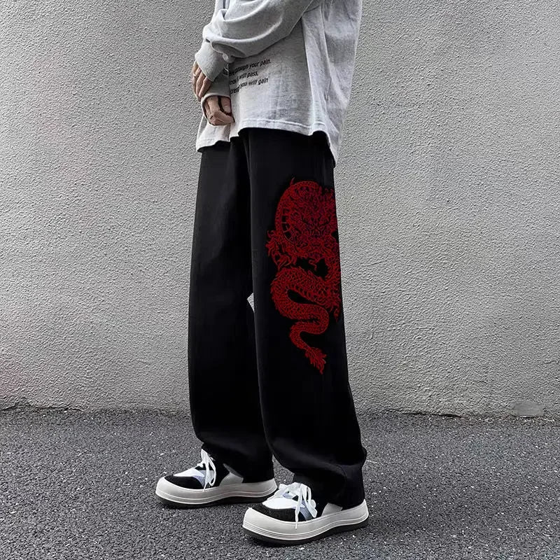 Threebooy Y2k High Street New Style Dragon Pattern Embroidery Baggy Jeans Retro Hip Hop Casual High Waisted Jeans Men and Women Streetwear