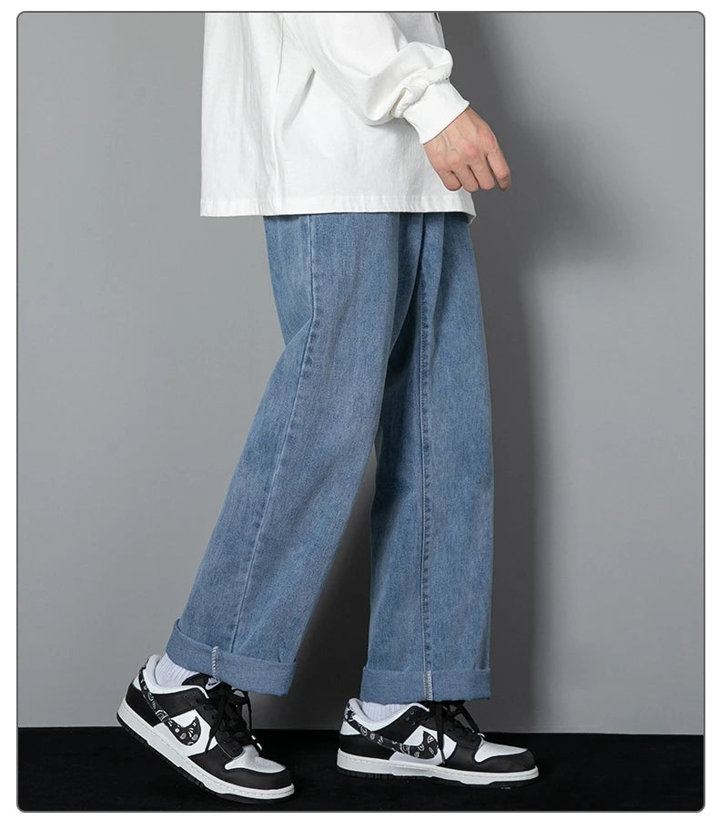 Threebooy 2025 New Korean Men's Casual Long Jeans Classic Man Straight Denim Wide-leg Pants Solid Color Light Blue Grey Black