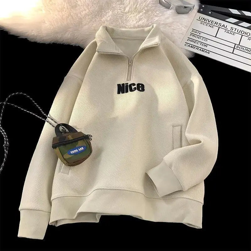 Threebooy  Half Turtleneck Zipper Sweatshirt Men's Spring High Street American Retro Jacket Design Niche High-end Trend Spring Autumn Top