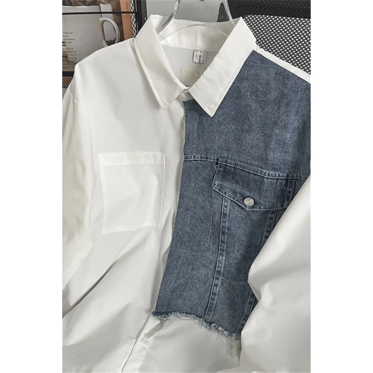 Threebooy Japanese High-end Denim Jacket Spliced Long-sleeved Shirt Men's Niche Design Sense High Street Couple Loose Casual White Shirt
