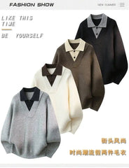 Two fake sweaters man 2025Autumen Winter Knitted pullover sweater men's Business casual warm new fashion Collared sweater