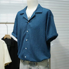 Threebooy  Cuban Collar Design Hollowed Out Loose Shirts Men Summer Ice Silk Short Sleeved Knitted Lapel Shirt Casual Social Streetwear Top