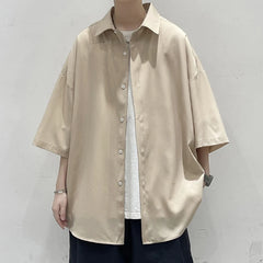 Threebooy Summer Ice Silk Solid Shirts For Men Clothing Korean Style Mens Streetwear Shirt Classic Basic Short Sleeve Blouse Men