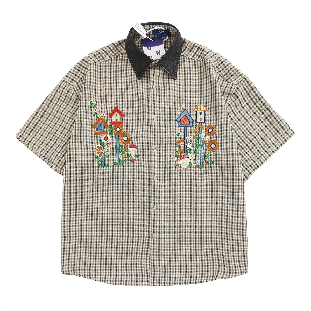 Threebooy  Summer Japanese Retro Patchwork Denim Collar Plaid Short Sleeved Embroidery Shirt for Men and Women Loose Design and Trendy Top
