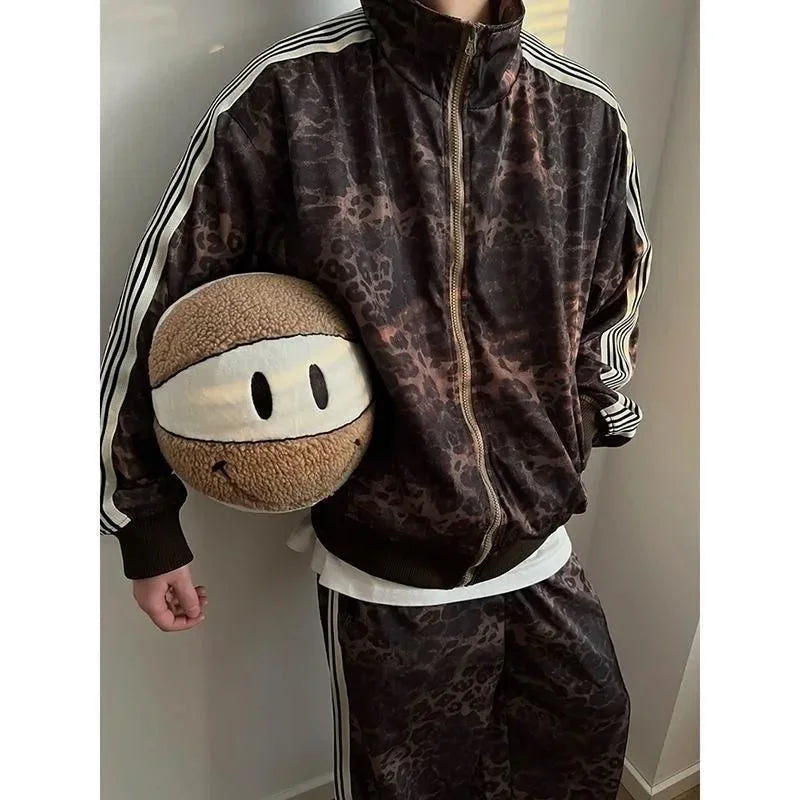Threebooy 90s American Vintage Leopard Stitching Striped Slacks Y2K Mens Street Hip-Hop Harajuku Sweatpants Mopping Pants Streetwear
