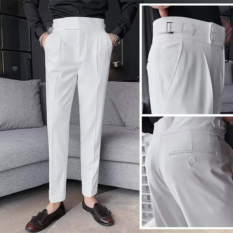 Threebooy  AutumnCasualTrousersMenStraight-LegNarrow-FitHigh-WaistedSlimsBritishStyleSuit Pants BusinessAttire
