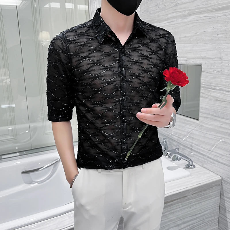 Threebooy High Quality for Men Lace Hollow Out Shirts/Male Slim Fit Lapel Casual Business Sexy Long Sleeve Shirts Plus Size S-4XL