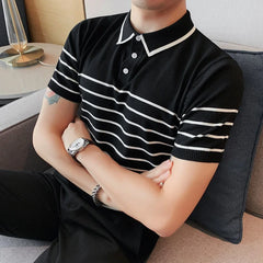 Threebooy Summer Men's Stripe Ice Silk Knitted Polo T-shirt Short Sleeve Casual Lapel Collar T Shirt Slim Fit White/black/khaki Tshirt