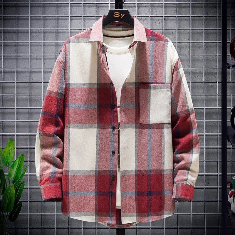 Threebooy  New Men's Plaid Spring Autumn Long-sleeved Shirt Jacket European American Brushed Cardigan  Trendy