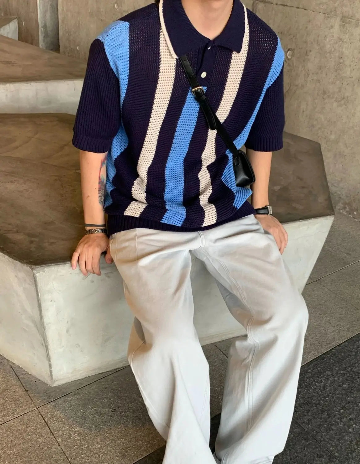 Threebooy Summer Hip Hop Men and Women Trendy Personalized Hollow Stripe Color blocked Knitted Polo Shirt Korean Casual Short Sleeve y2k