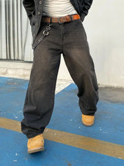 Threebooy  1Pc Men's Wide Pants Brushed Jeans Wide Jeans Y2K New Rocks Jeans Buggy Black Hip-Hop Pants