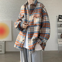 Threebooy Winter Short Woolen Coat Men Retro Thickened Woolen Jacket Men Korean Loose Plaid Woolen Coat Men Oversized Thick Jackets M-2XL