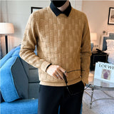 Threebooy Fake 2 pieces New Fashion plaid Jacquard Shirt Collar Sweater Men's Winter Fashion Korean Edition Casual Thickened Warm Pullover