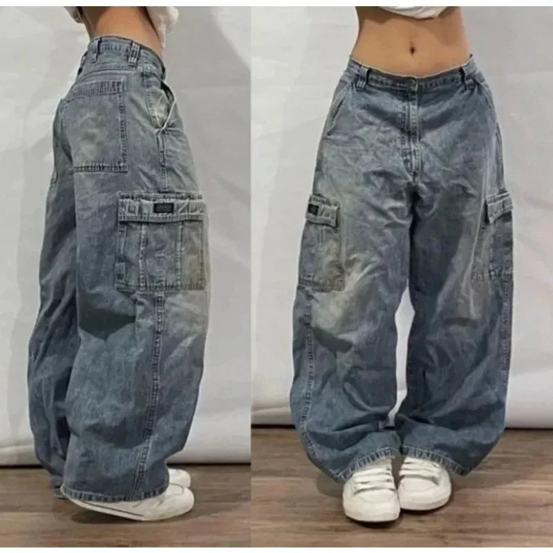 Threebooy Y2K Fashion New Letters Embroidered Washed Baggy Jean Women Gothic Harajuku Vintage Hip Hop Pop Casual High Waist Wide Leg Pants