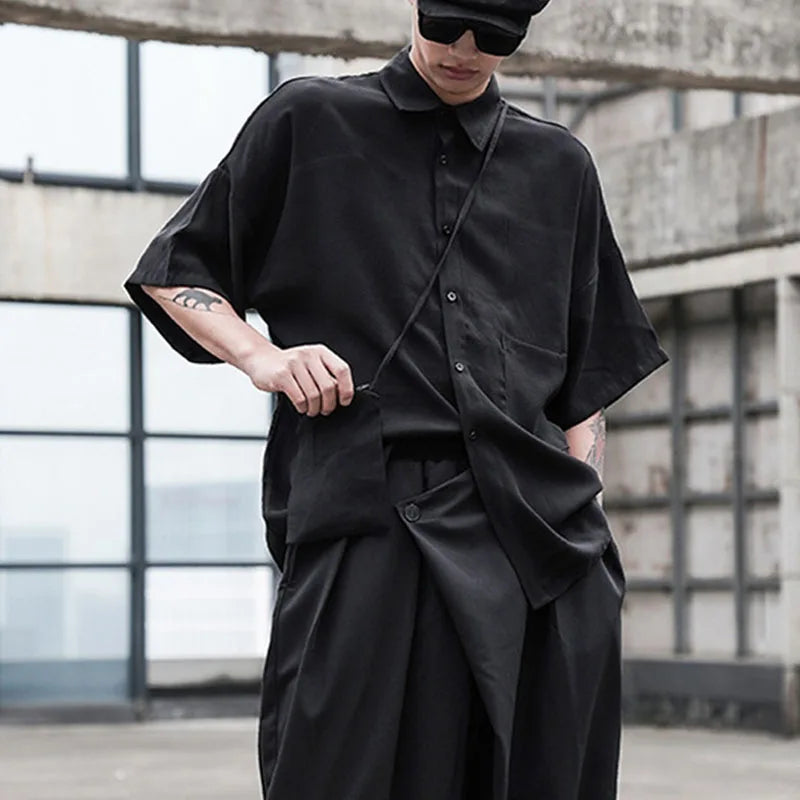 Threebooy Black Oversized Short Sleeve Shirt Men's Korean Style Drop Shoulder Shirt Harajuku Loose Single Breasted Shirt