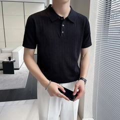 Threebooy British Style Men's Summer Casual Hollow Out Short Sleeves Polo Shirts/Male Slim Fit Knitting Polo Shirts S-3XL