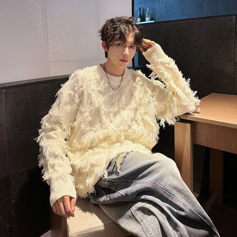 Threebooy Streetwear Sweater Men Stylish New Retro Hole Fringed Sweater Loose Versatile Knitwear Pullovers Long Sleeve Jumpers Clothing