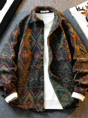 Threebooy Diamond Ethnic Style Jacquard Brushed Shirt Men Long-sleeved Korean Style Autumn Winter Thickened Warm Lapel Woolen Shirt Jacket