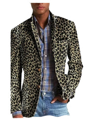 Threebooy  Men's Leopard Print Velvet Blazer Classic Fit Stylish Long Sleeve Notched Lapel Suit Jacket for Nightclub Wedding Streetwear