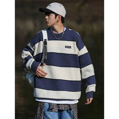 Threebooy  Hip Hop Korean Stripe Contrast Color Autumn and Winter New Fashion Sweater Men's Loose Relaxed Student Round Neck Lazy Style