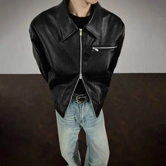 Threebooy  Winter New Men's Pu Leather Long-Sleeved Jacket American Retro Fashion Trend High Street Loose Casual Niche Men's Tops