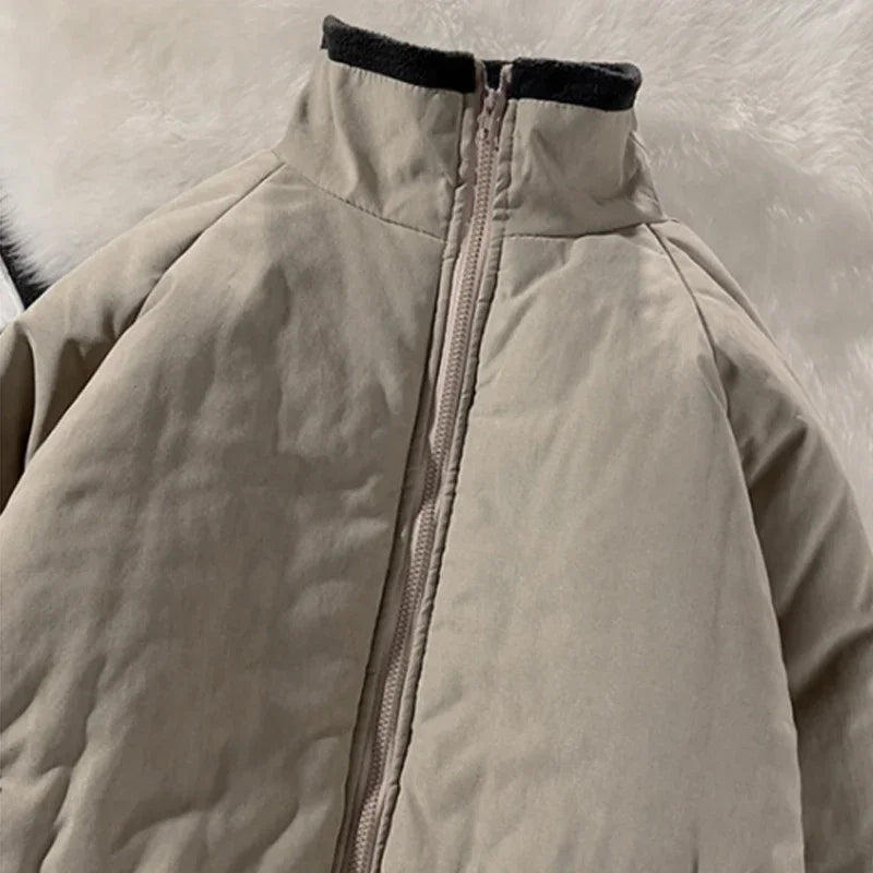 Threebooy Japan Standing Collar Padded Jacket Vintage Cityboy Men's Plush Parkas American Retro Hong Kong Style Winter Jacket Cargo Coat