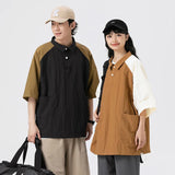 Threebooy Couple Japanese Shirt Harajuku Oversized Short Sleeve Shirt for Men Women Hawaiian Contrast Stitching Polo Geometric Streetwear