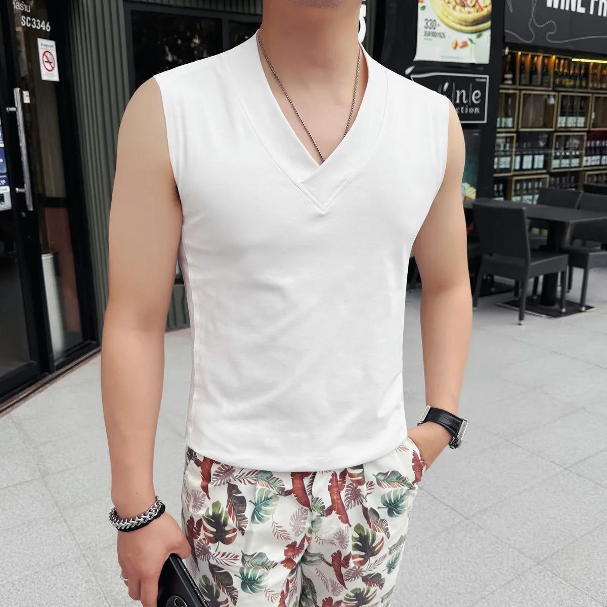 Threebooy  Men's Sleeveless V-neck Vest Summer Fashion New Casual Solid Color T-shirt Elastic Slim Fit Versatile Men's Clothing