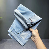 Threebooy Light blue stitching men's denim shorts summer all-match loose casual plus size jeans sub-brand men's clothing