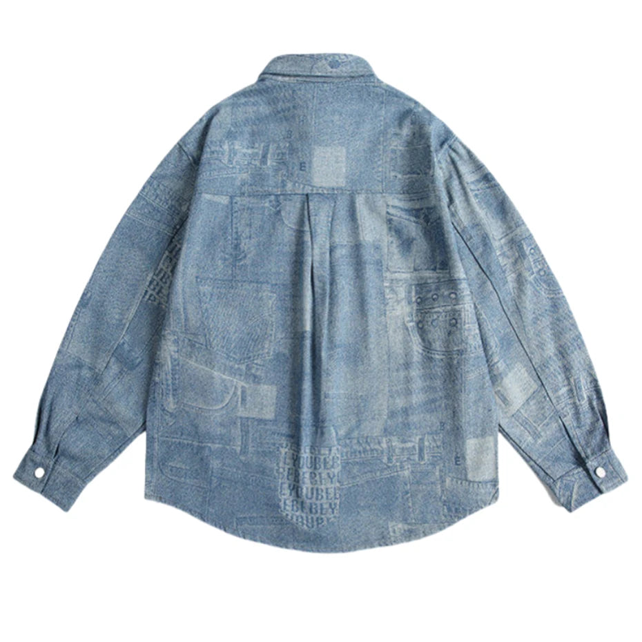 Threebooy Vintage Print Denim Shirts Mens Streetwear Long Sleeve Shirt for Men Harajuku Loose Casual Cotton Blouse Jeans Coats