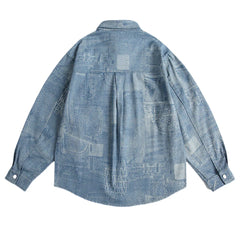 Threebooy Vintage Print Denim Shirts Mens Streetwear Long Sleeve Shirt for Men Harajuku Loose Casual Cotton Blouse Jeans Coats