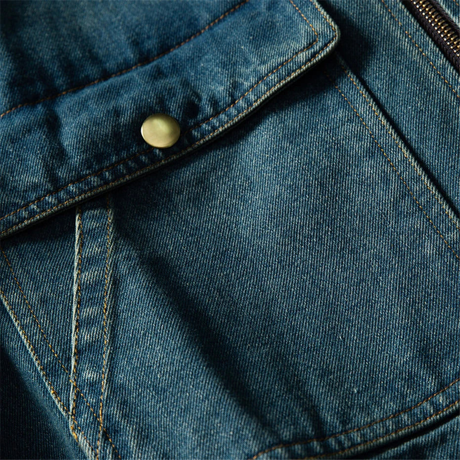 Threebooy Vintage Pockets Denim Jackets Mens Streetwear Punk Y2k Cargo Coats Harajuku Loose Casual Hip Hop Washed Jeans Jackets Male
