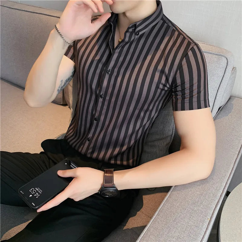 Threebooy Men's Summer Casual Short-Sleeved Shirts/Male Slim Fit Stripe Fashion Lapel Business Dress Shirts Tops Plus Size S-4XL