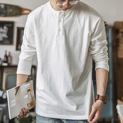 Threebooy American Retro Henry Shirt T-shirt Men's Autumn Large Size Vintage Half Button Blouse High-end Collar Long Sleeve Base Shirt
