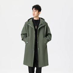Threebooy Men  Windproof Hooded Trench Coat Jacket Mid Length 2025 Autumn New Style Outerwear Fashion Casual Coat Windbreaker Men s Windp
