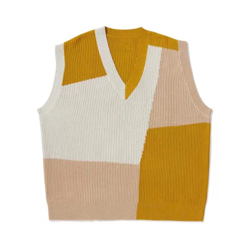 Threebooy Autumn New Sleeveless Knit Vest Geometric Pattern Pullovers Men's Cashmere Sweater Yellow Oversize Knitted Preppy Style Tops