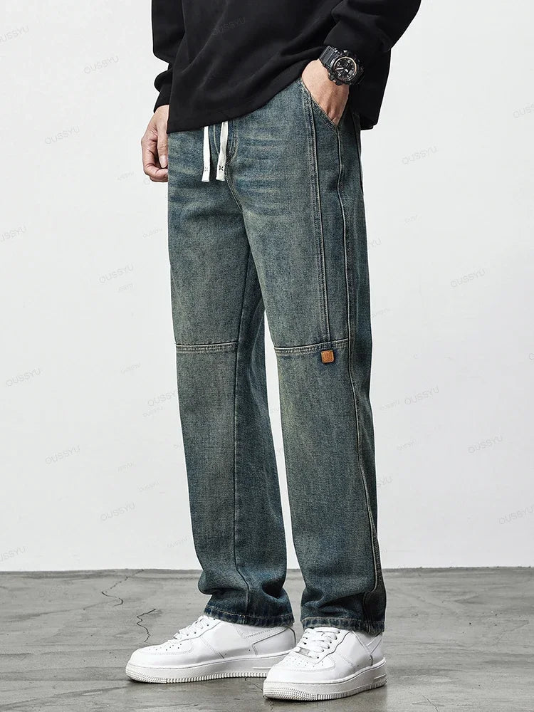 Threebooy  Men's Drawstring Jeans Casual Loose Jeans Harajuku Fashion Retro Blue Trousers Straight Elastic Waist Casual Large Size 4XL