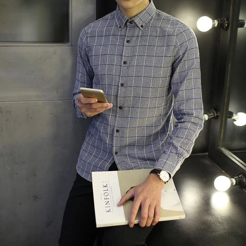 Threebooy  Korean Men Spring Autumn Thicken Shirt Turn-down Collar Plaid Panelled Cotton Long Sleeve Slim Vintage Casual All-match Tops