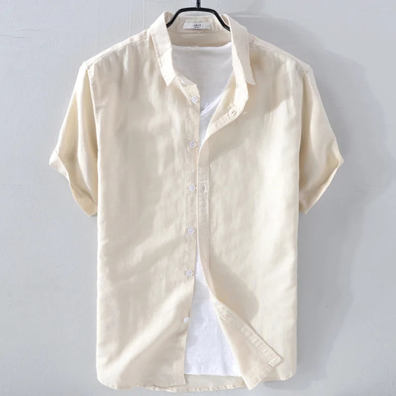 Threebooy Summer Men's Breathable Cotton Linen Shirt Short Sleeve Casual Turn Down Collar Loose Top Male Shirts