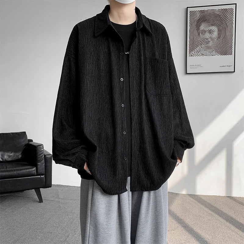 Threebooy High Quality Long Sleeve Ice Silk Shirts Men Loose Daily Casual Single Breasted Popular Streetwear Male Spring Autumn Harajuku