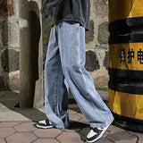 Threebooy Korean Fashion Men's Baggy Jeans Elastic Waist  Classic olid Color Straight-leg Denim Wide-leg Pants Male Light Blue Grey Black