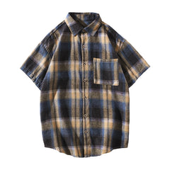 Threebooy Korean Style Plaid Shirts For Men Short Sleeve Fashion Turn-down Collar Blouses Hip Hop Male Clothing