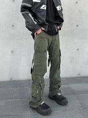 Threebooy High Street Harajuku Strap Zipper Work Suit Casual Pants for Men's Retro Old Army Green Straight Barrel Micro Ra Long Pants