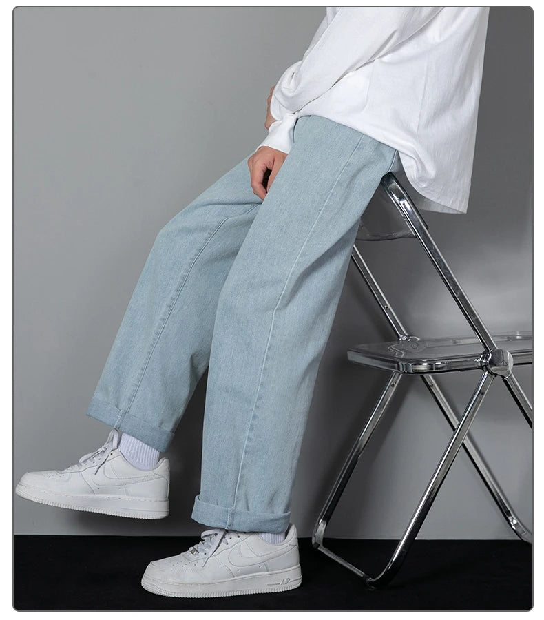 Threebooy 2025 New Korean Men's Casual Long Jeans Classic Man Straight Denim Wide-leg Pants Solid Color Light Blue Grey Black