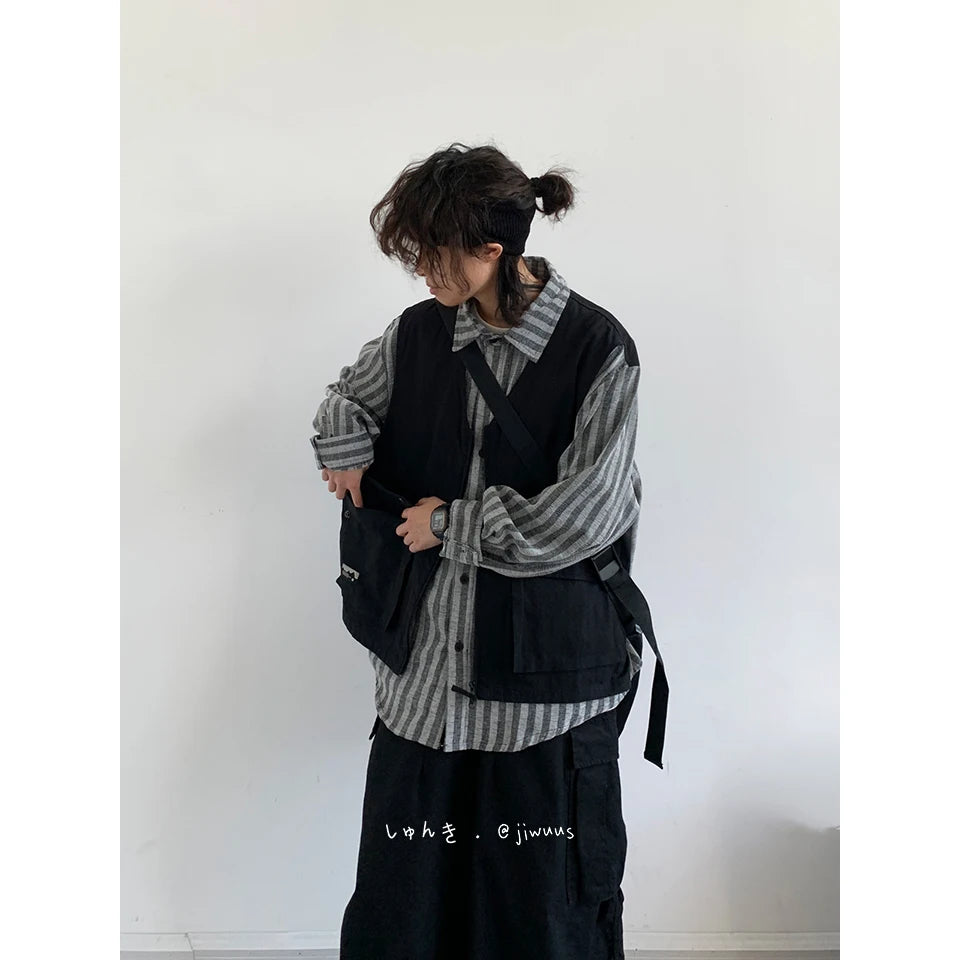Threebooy Cityboy Japanese Retro Splicing Fake Two-piece Fashion Work Shirts Men Women Casual Loose Long-sleeved Shirt Jacket Aesthetic